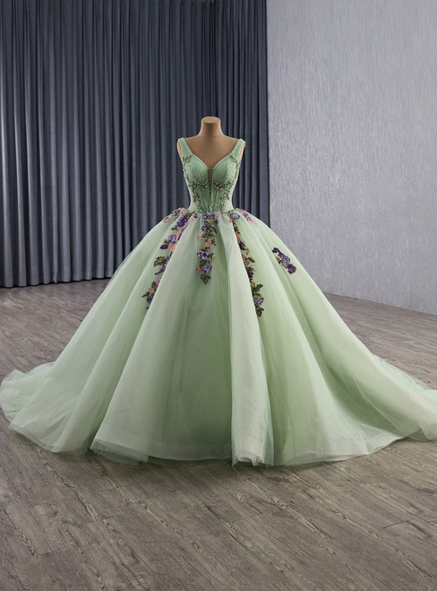 Green V-neck Appliques Pearls Pleats Prom Dress