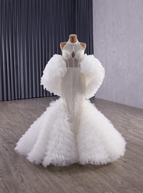Sexy White Mermaid Sequins Pearls Halter Wedding Dress