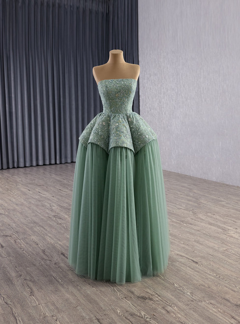 Green Tulle Lace Strapless Prom Dress
