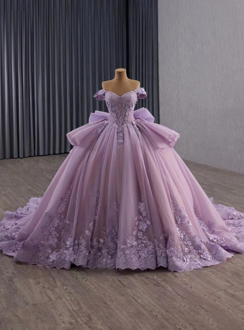 Purple Tulle Off the Shoulder Appliques Beading Prom Dress