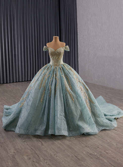 Ball Gown Blue Tulle Sequins Off the Shoulder Prom Dress