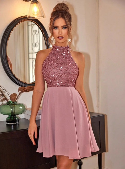 Sexy Sequined Stitching Backless Dress