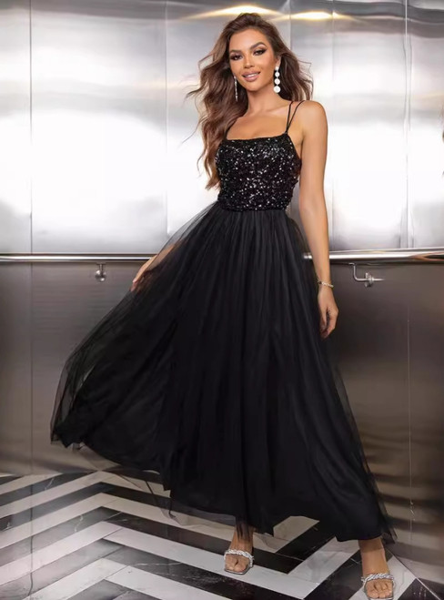 Mesh Sequined Suspender Evening Dress
