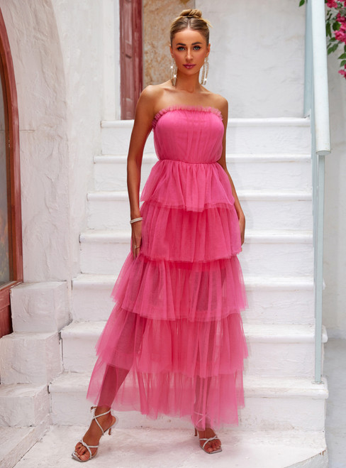 Fuchsia Tulle Strapless Long Dress Fuchsia Tulle Strapless Long Dress