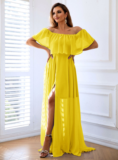 Yellow Chiffon Solid Color Off the Shoulder Party Dress
