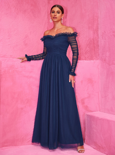 Navy Blue Tulle Long Sleeve Off the Shoulder Party Dress