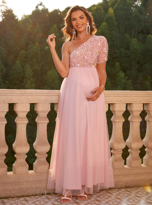 Pink Tulle Sequins One Shoulder Party Dress