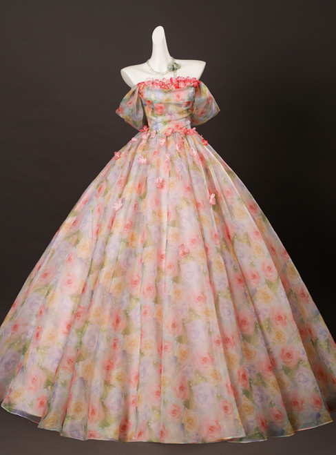 Pink Print Off the Shoulder Prom Dress