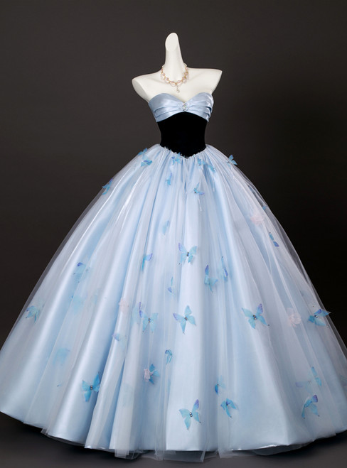 Blue Satin Tulle Strapless Butterfly Prom Dress