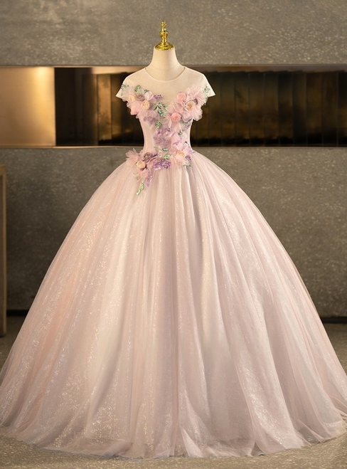 Pink Tulle Sequins Cap Sleeve 3D Flower Quinceanera Dress