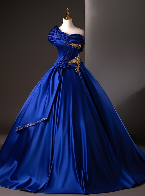 Blue Satin Pleats Beading Quinceanera Dress