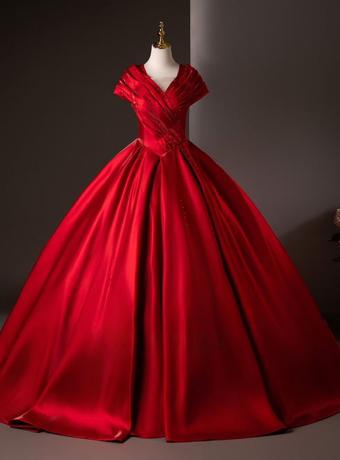 Red Satin V-neck Pleats Beading Quinceanera Dress