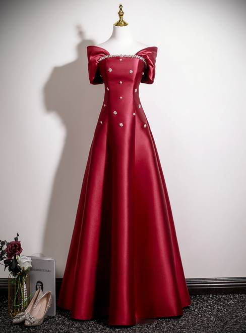Simple Burgundy Satin Off the Shoulder Beading Crystal Prom Dress