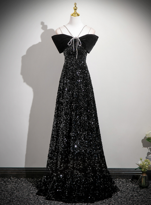 Black Velvet Sequins Straps Prom Dress