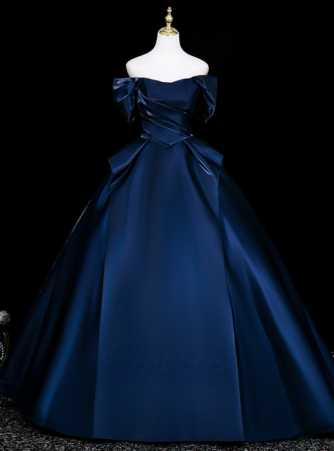 Navy Blue Satin Pleats Off the Shoulder Quinceanera Dress
