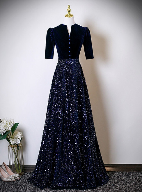 A-Line Navy Blue Sequins Velvet Short Sleeve Prom Dress