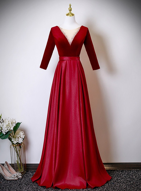 A-Line Burgundy Satin Short Sleeve Prom Dress