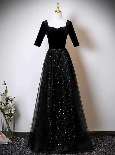 Black Sequins Tulle Short Sleeve Prom Dress