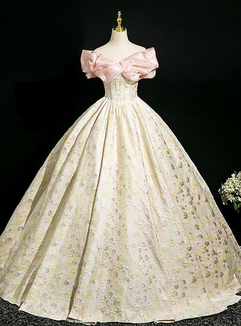 Fashion Champagne Print Off the Shoulder Quinceanera Dress