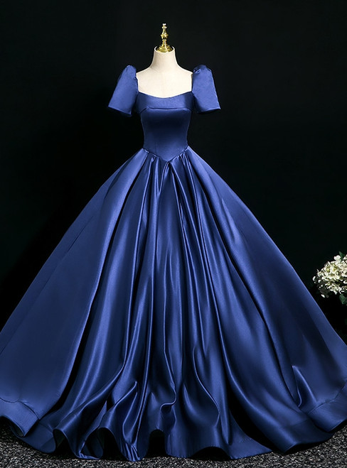 Navy Blue Satin Puff Sleeve Prom Dress