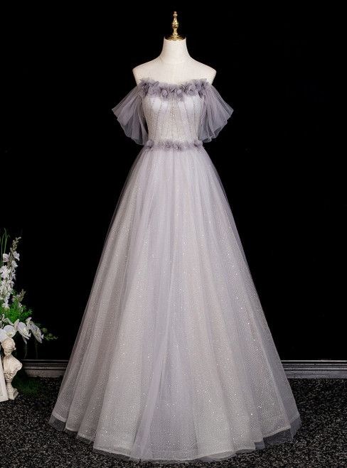 Gray Tulle Strapless 3D Flower Prom Dress