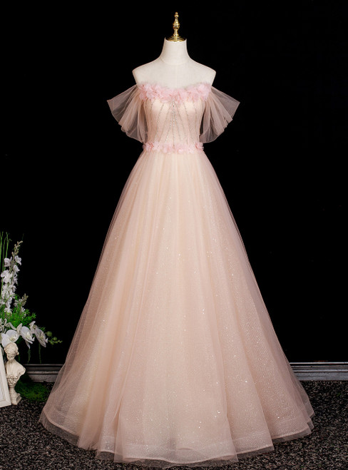 Pink Tulle Strapless 3D Flower Prom Dress