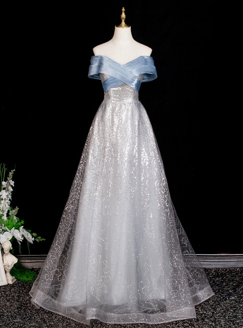 A-line Gray Sequins Off the Shoulder Prom Dress