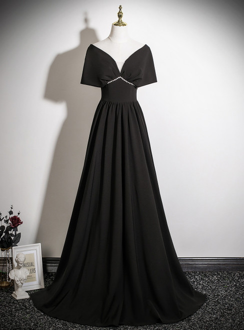 Black V-neck Pleats Beading Prom Dress