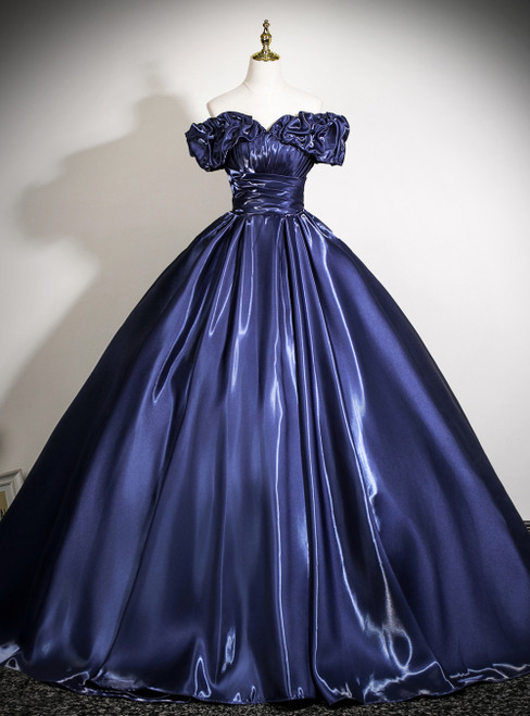 Navy Blue Pleats Off the Shoulder Quinceanera Dress