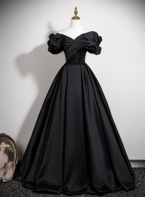 Simple Black Satin Off the Shoulder Pleats Prom Dress