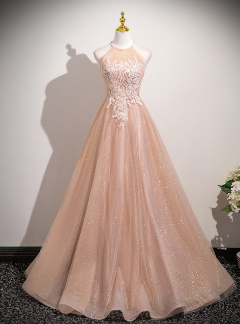 Champagne Tulle Sequins Halter Beading Backless Prom Dress