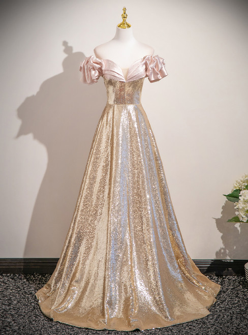 Simple Gold Sequins Off the Shoulder Prom Dress