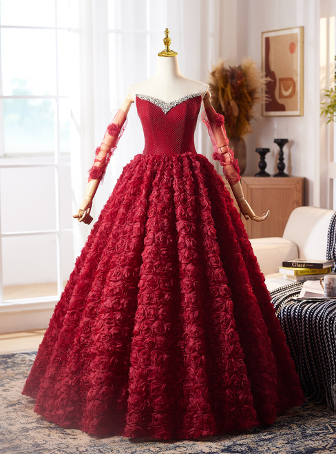 Burgundy Rose Crystal Strapless Quinceanera Dress