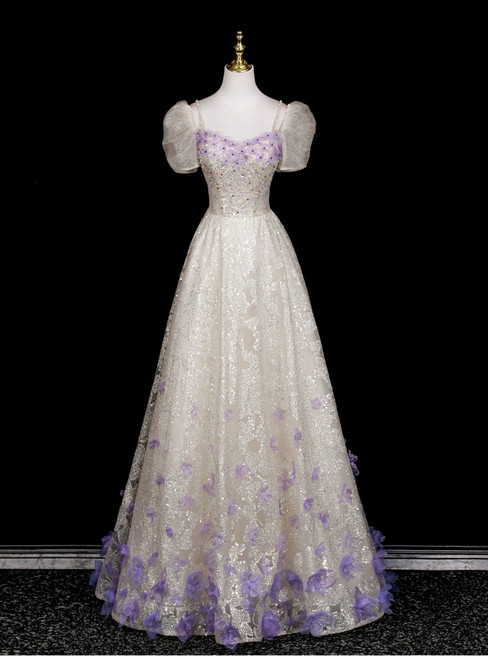 Champagne Sequins Puff Sleeve Beading Prom Dress