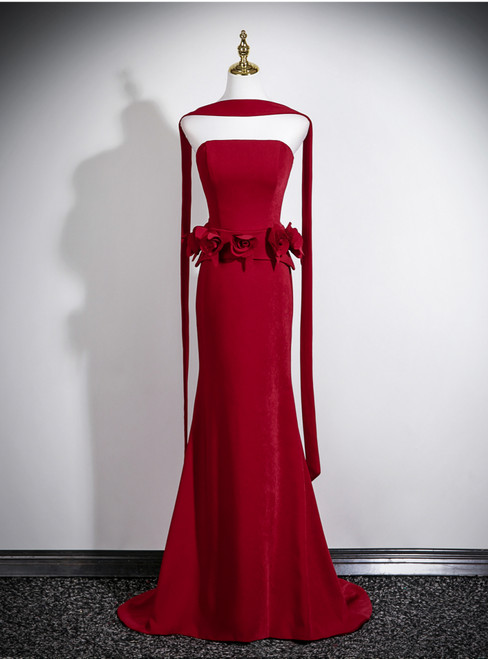 Burgundy Strapless 3D Flower Prom Dress