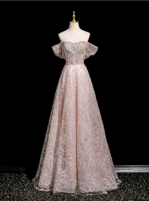 Pink Sequins Crystal Beading Prom Dress