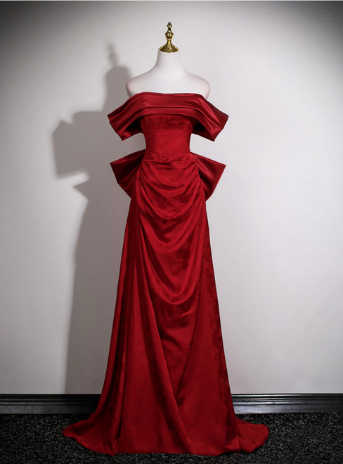 Burgundy Off the Shoulder Pleats Prom Dress With Bow