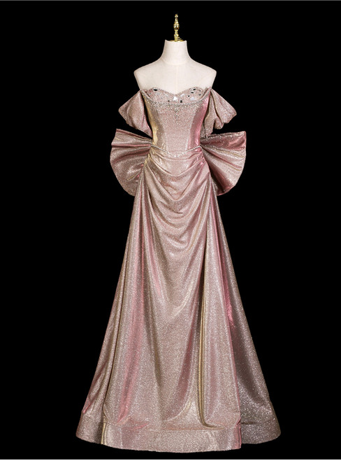 Pink Off the Shoulder Beading Prom Dress