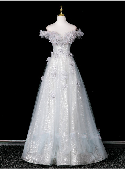 Light Blue Tulle Sequins 3D Flower Prom Dress