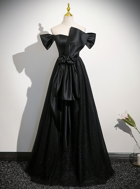 Black Satin Tulle Off the Shoulder Prom Dress