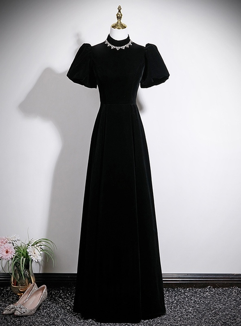 Black Velvet Puff Sleeve Beading Prom Dress