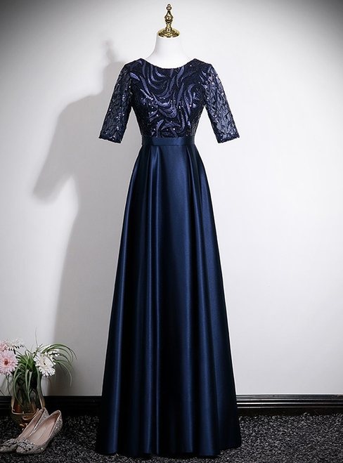 Navy Blue Satin Short Sleeve Prom Dress