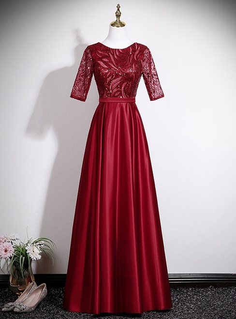 Burgundy Satin Sequins Short Sleeve Prom Dress
