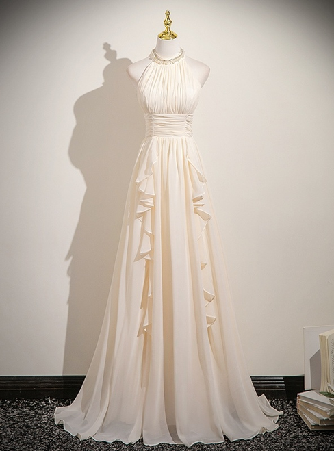 Champagne Chiffon Halter Pleats Prom Dress