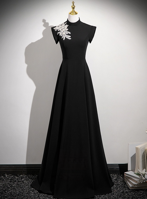 Black High Neck Appliques Beading Prom Dress