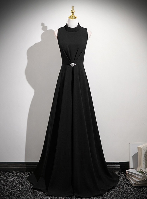 Black High Neck Pleats Beading Prom Dress