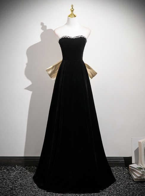 Black Velvet Strapless Crystal Prom Dress With Bow