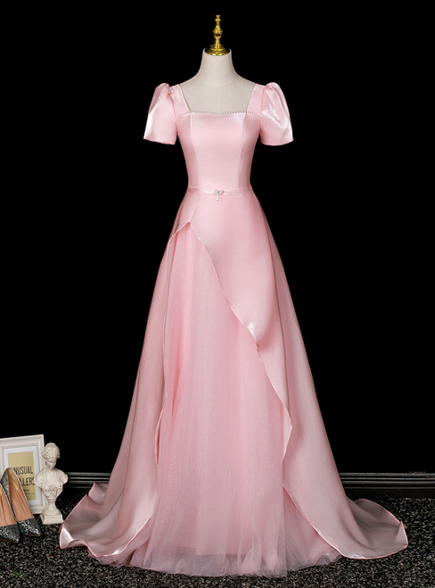 Pink Satin Tulle Short Sleeve Prom Dress