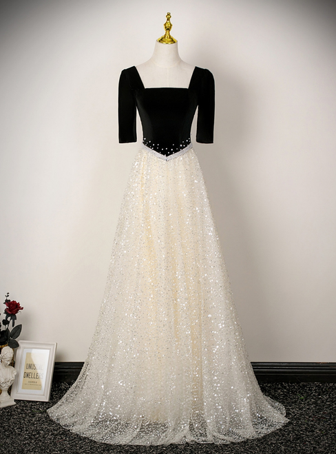 Ivory Short Sleeve Sequins Square Neck Prom Dress