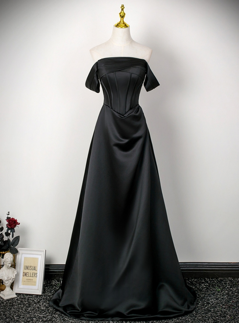 Cheap Black Satin Off the Shoulder Pleats Prom Dress